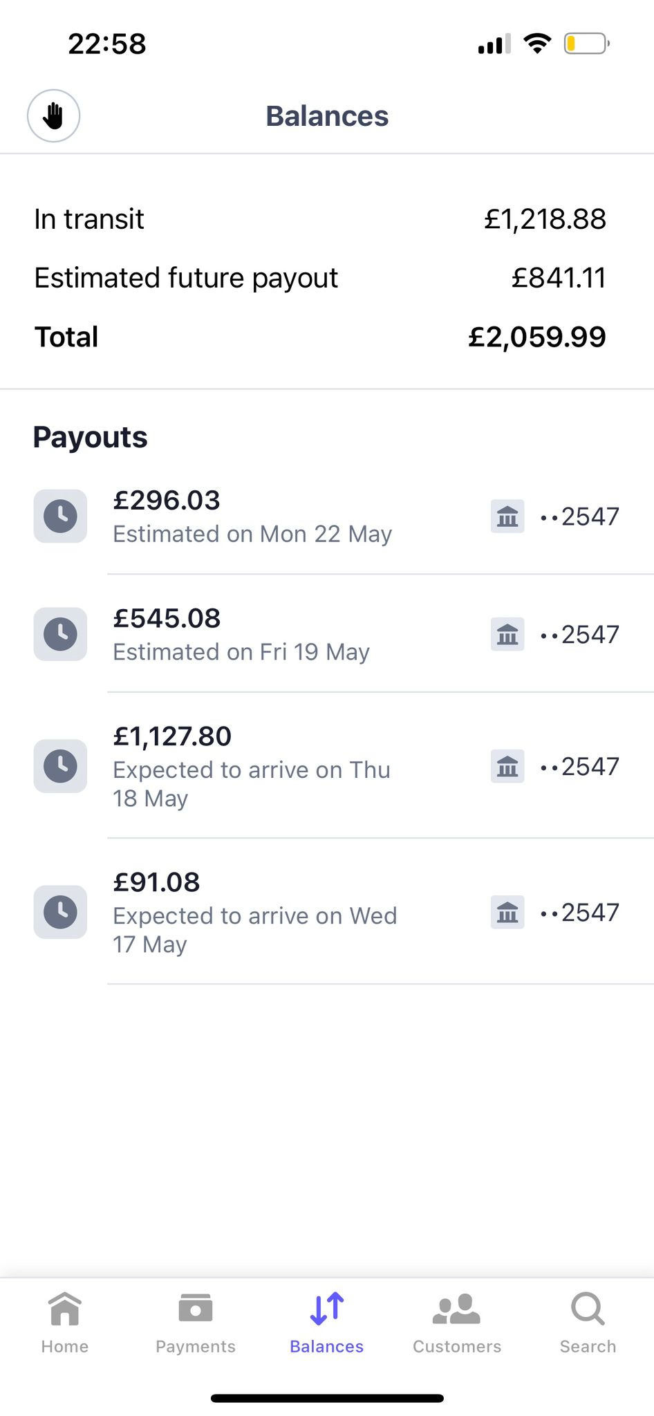 Shopify balances: GBP2,059.99 total, with scheduled payouts to the bank