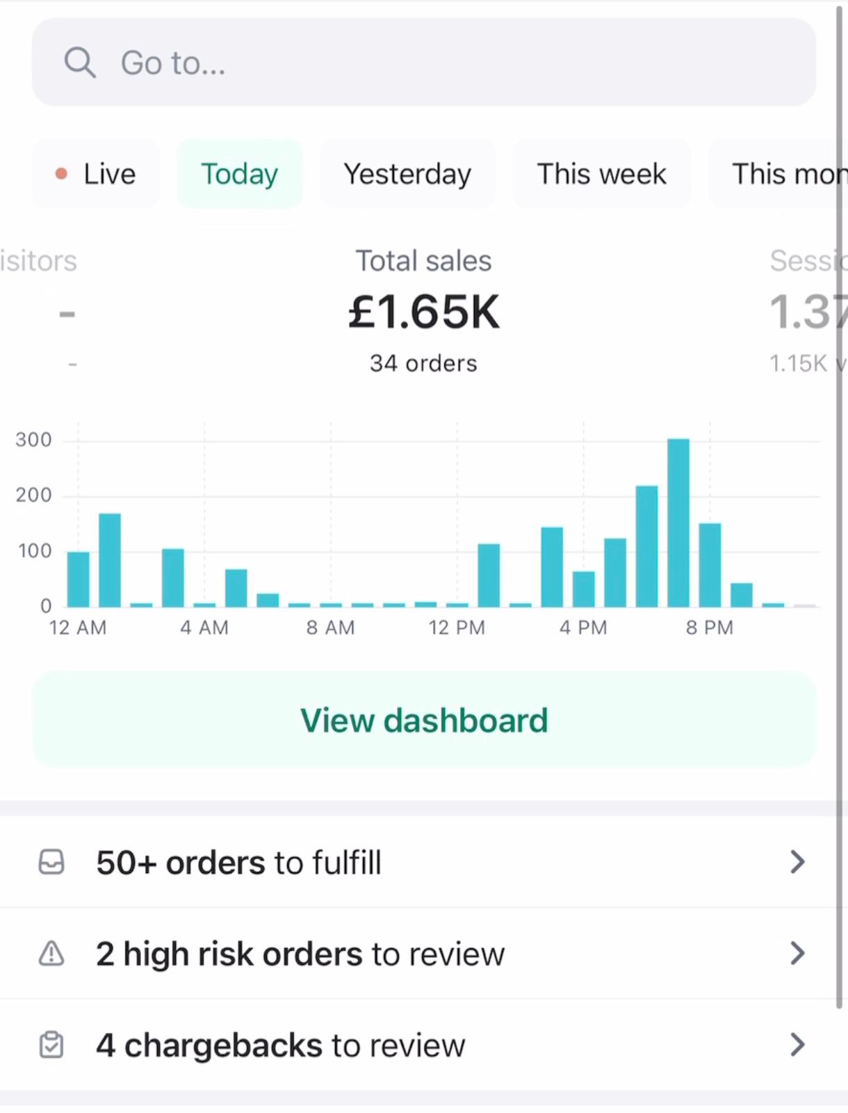 Shopify dashboard: GBP1,650 total sales across 34 orders